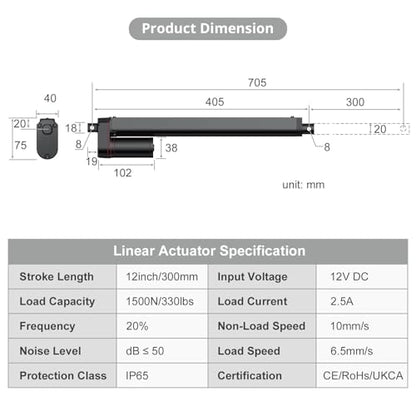 Justech 330LBS/1500N-12inch/300mm 12V Linear Actuator with Bracket, Black - size: 1500N 300mm