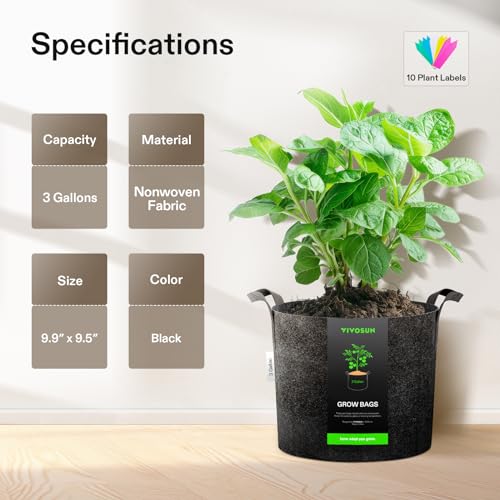 VIVOSUN 10-Pack 3 Gallon Plant Grow Bags Heavy Duty Thickened Nonwoven Fabric Pots with Handles - color: Black, size: 3 Gallons (Pack of 2)