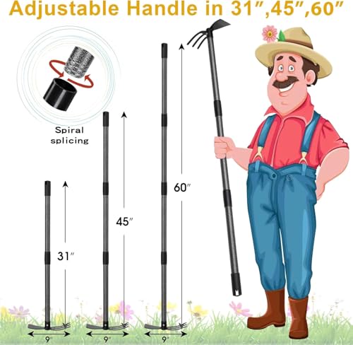Hoe and Cultivator - 60” Long Handle - Heavy Duty Garden Hoe Tiller, Standing Hoe Garden Tools Durable Cultivator Hoes Hand Rake Fork for Gardening Weeding Planting Loosening Soil - size: 60"