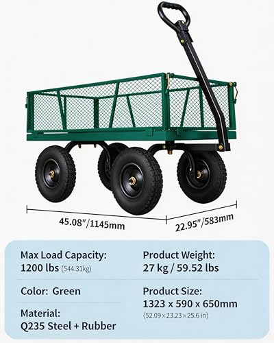 GarveeTech 1200LBS Heavy Duty Steel Garden Cart, Garden Wagon Cart on Wheels, Metal Yard Utility Wagon with Removable Mesh Sides, 13" All Terrain Tires, 180° Rotating Handle for Lawn, Garden, Farm - color: Green