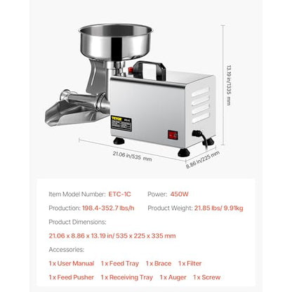 VBENLEM 110V Electric Tomato Strainer 370W Commercial Grade Tomato Milling Machine Stainless Steel Tomato Press and Strainer 90-160 Kg/H Pure Copper Motor Food Strainer and Sauce Maker