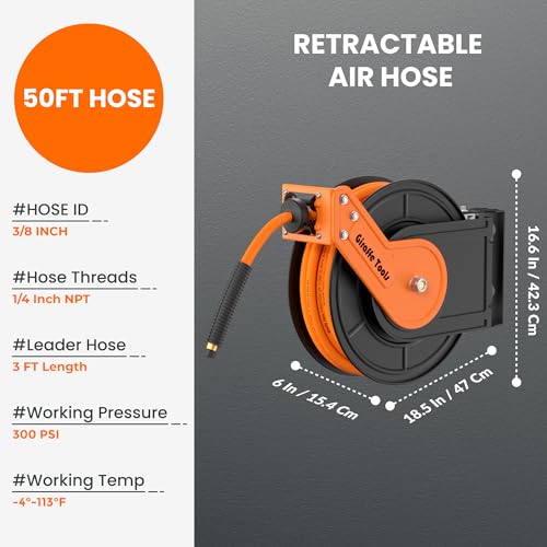 Giraffe Tools TA15 Retractable Air Hose Reel, 3/8" x 50ft, Open Steel - size: 50FT