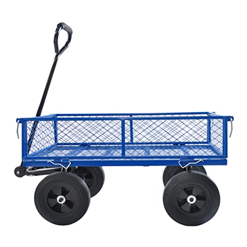 Heavy-Duty Outdoor Utility Cart - Garden Wagon Cart with Removable Sides - Steel Rolling Tool Cart - Foldable Lawn Cart with Wheels - Flatbed Gardening Cart - Yard and Farm Dump Cart wit Handle- Blue - color: Blue