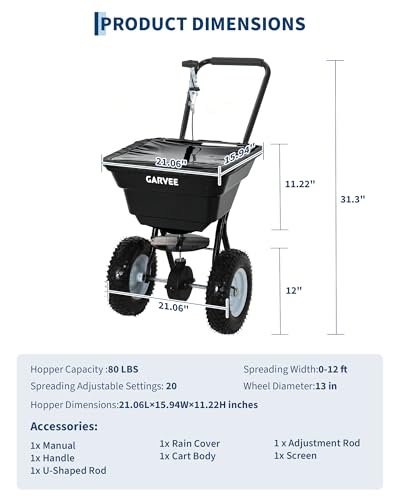 80 LBS Walk Behind Push Broadcast Spreader,12FT Spreading Width,Adjustable - size: 80 LBS