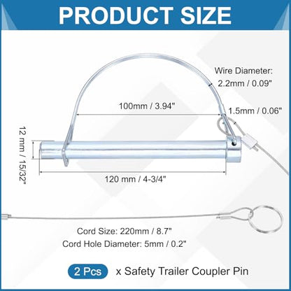 PATIKIL 2 Pcs Trailer Coupler Pins, 15/32" x 1-9/16" (12mm x 120mm) D Shape Shaft Locking Pin with Ear Extended Cord Quick Release Ring Round Arch Wire Retainer for Farm Trailers Hitches - size: 15/32" x 4-3/4"