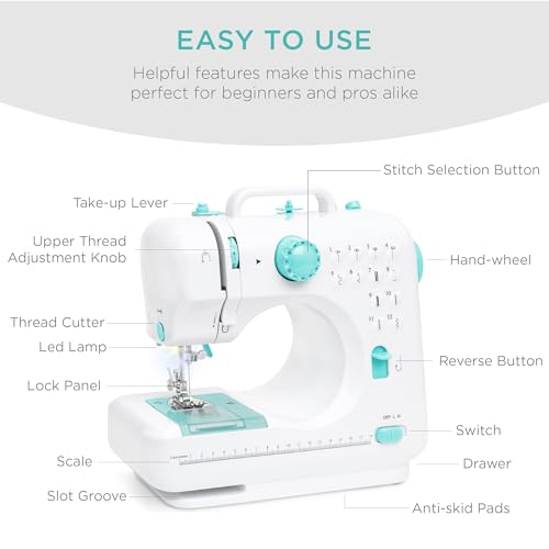 Best Choice Products Compact Sewing Machine, 42-Piece Beginners Kit, Multifunctional Portable 6V Beginner Sewing Machine w/ 12 Stitch Patterns, Light, Foot Pedal, Storage Drawer - Teal/White - color: Teal/White