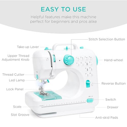 Best Choice Products Compact Sewing Machine, 42-Piece Beginners Kit, Multifunctional Portable 6V Beginner Sewing Machine w/ 12 Stitch Patterns, Light, Foot Pedal, Storage Drawer - Teal/White - color: Teal/White