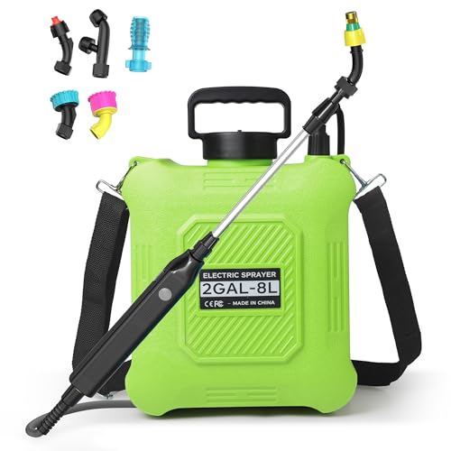 Battery Powered Garden Sprayer 2 Gallon with 2 Pressure Mode, 6 Spray Nozzles, Rechargeable Weed Sprayer Telescopic Wand, Adjustable Strap for Lawn Garden, Blue (Green) - color: Green