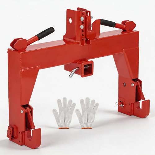 3-Point Quick Hitch for Tractors, 28 in Lower Arm Spacing, 3000 Lb Lift Capacity, 5-Position Adjustable Top Hook, Bolt-on No-Weld/No-Drill Adapter, Heavy-Duty 3x3 Steel, Powder-Coated Red - color: Red with Gloves