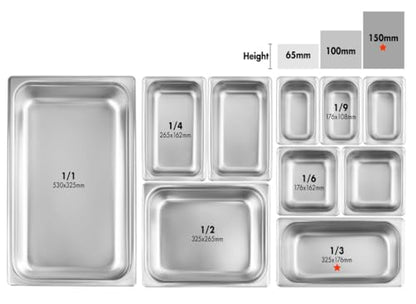 New Star Foodservice 1/3 Size Stainless Steel Steam Table Pan, 12.8 x 7.0 x 6.0 Inches, 18/8 Stainless Steel, 24 Gauge, NSF Certified (Set of 6) - size: 1/3, style: 6" Deep