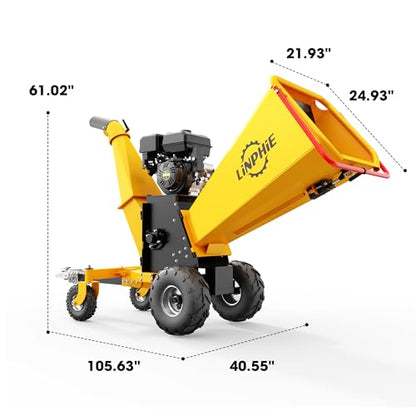 Wood Chipper 420cc 15 HP Gas Powered Engine Wood Chipper Shredder Mulcher with E-Strat 4Wheels Towbar Tail Light Emergency Stop Switch (6'' Yellow) - size: 6'' Yellow