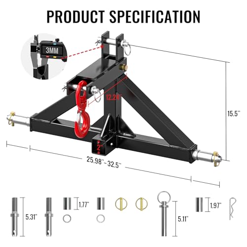 3 Point Trailer Hitch 2” Receiver Quick Hitch Compatible with Cat 1 Tractor - color: Black