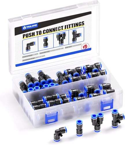 TAILONZ 1/4" Push to Connect Fitting Splitters+Elbows+Tees+Straight 60pcs - color: Blue, size: 1/4"OD/60PCS
