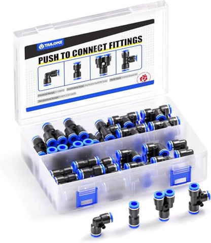 TAILONZ 1/4" Push to Connect Fitting Splitters+Elbows+Tees+Straight 60pcs - color: Blue, size: 1/4"OD/60PCS
