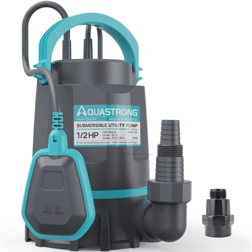 Aquastrong 1/2 HP Utility Pump 3159 GPH Submersible Water Pump with Float Switch, Draining Flooded Basement, Pool, Hot Tub, Pond, Garden Irrigation, 10ft Cord | Thermoplastic Utility Pump High Flow Water Removal for Swimming Pool Garden Pond Basement Well