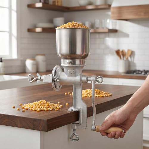 Manual Grain Mill, 7.5lb Cast Iron Flour Mill Grinder (Silver）