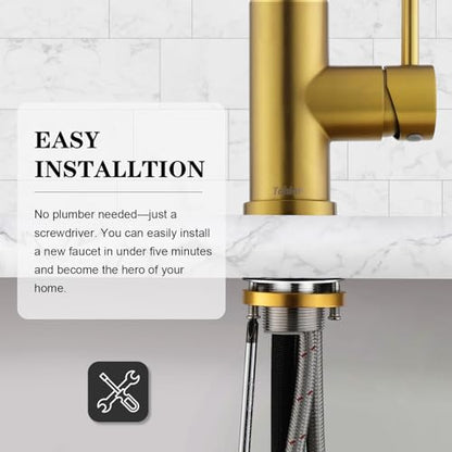 Tohlar Gold Kitchen Faucet with Pull Down Sprayer and Deck Plate - color: Brushed Gold, style: Standard