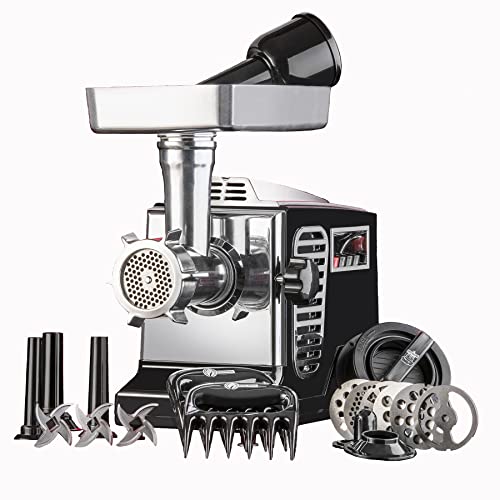 STX Turboforce II "Platinum" Heavy Duty Electric Meat Grinder & Sausage Stuffer: 6 Grinding Plates, 3 S/S Blades, 3 Sausage Tubes, Kubbe, 2 Meat Claws, Burger-Slider Patty Maker - Black - color: Black