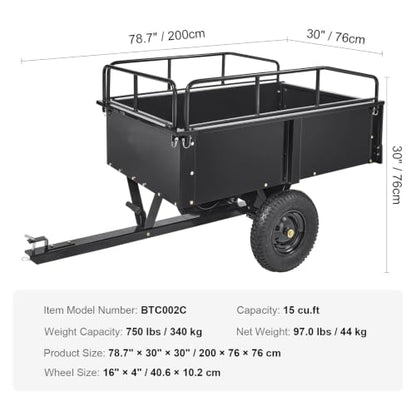 ATV Garden Utility Dump Trailer, 750 LBS Yard Steel Cart with 15 Cubic Feet Capacity, Removable Side Panels Tow Behind Trailer for Riding Lawn Mower Tractor