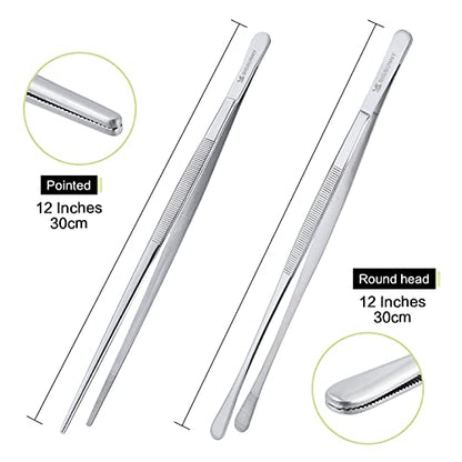MSY BIGSUNNY Stainless Steel Food Tweezers Multi-function Cooking Tongs Kitchen Serving Tong (12" Round & 12" Pointed Tweezers) - size: 12" Round & 12" Pointed Tweezers - 2 Piece Set
