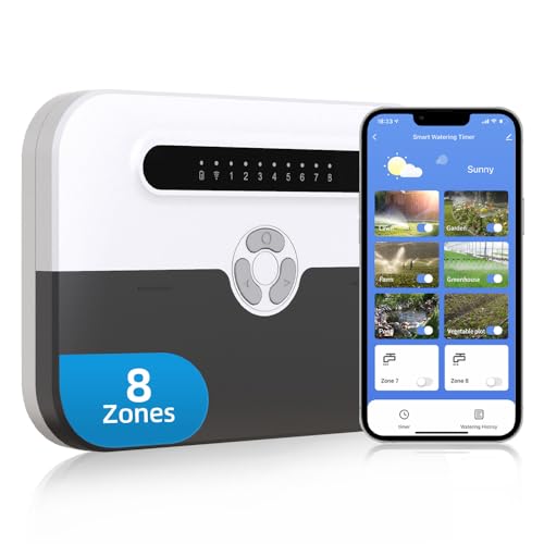 Smart Sprinkler Controller, 8 Zone WiFi Irrigation Controller with APP Control, Indoor Outdoor Automatic Water Timer, Weather-Based Skip & Custom Schedules, Easy DIY Installation