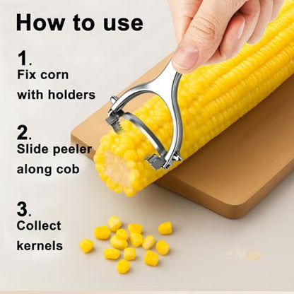 Corn Peeler Tool Set, Stainless Steel Corn Kernel Remover with Serrated Blade, Ergonomic Non-Slip Handle, Includes Corn Holders for Easy Corn Cutting