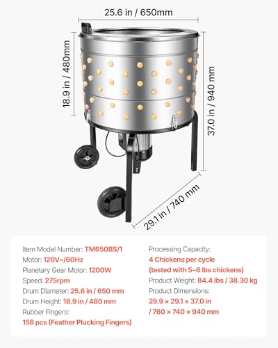 VEVOR Chicken Plucker Machine, 25.6 in Drum, 1200W & 275RPM Electric Chicken Plucking Machine with 158 Soft Fingers & Transport Wheels, Stainless Steel Feather Remover for Processing 4 Chicks Once - color: 3 Legs & 25.6 in