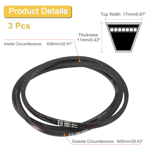 uxcell 3pcs B33 Classic Wrapped V-Belt, 36" Outer Circ B Profile V-Belt - size: B33