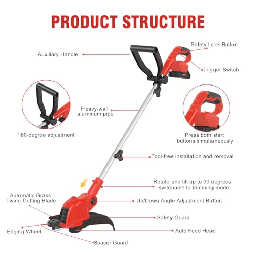 21V Cordless String Trimmer & Edger with 2.5Ah Battery &Fast Charger - color: Crimson