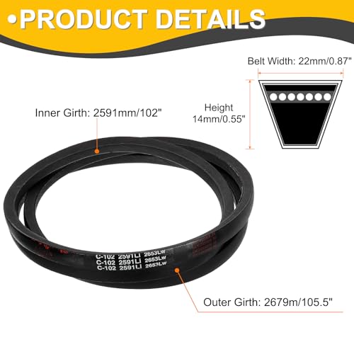 uxcell C102 Drive V-Belt 2591mm Inner Girth 22mm Width 14mm Height Rubber for Power Transmission - size: C102