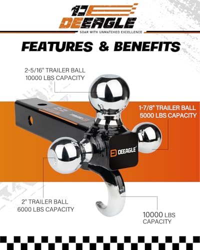 DEEAGLE 3 Ball Hitch with Hook, Tri Ball Hitch with 3.5” Hitch Pin Lock - style: Ball Hitch with Lock