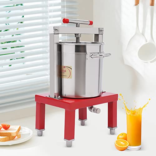 Stainless Steel Fruit & Honey Press - 13L Manual Juice Extractor for Wine, Cider, Beekeeping with Adjustable Stand, 9.8" Basket - Ideal for Apples, Grapes, Beeswax (Red) - color: Red