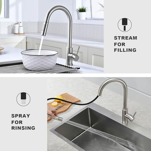 Tohlar Kitchen Sink Faucets with Pull Down Sprayer Brushed Nickel - color: Brushed Nickel, style: Standard