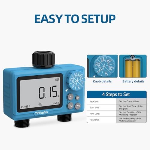 TiFFCOFiO Sprinkler Timer Outdoor, Digital Programmable for Garden Hose, Irrigrtion Timer with Rain Delay and Manual Mode (2 Oulets, 1 Pack)