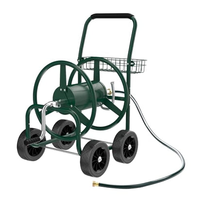 VINGLI 4-Wheel Garden Hose Reel Cart with Storage Basket, Portable Residential Hose Reel Cart, Lawn Watering, for Garden Backyard and Farm (Green 250FT) - color: Green 250ft- 4 Wheel