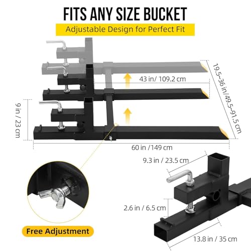 60 Inch Pallet Forks for Tractor Loader & Skid Steer – 2000 lb Capacity, Adjustable Stabilizer Bar, Quick Attach, Black & Orange – Includes Work Gloves