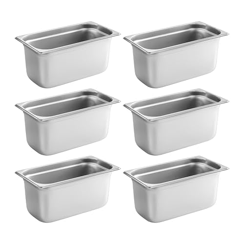 New Star Foodservice 1/3 Size Stainless Steel Steam Table Pan, 12.8 x 7.0 x 6.0 Inches, 18/8 Stainless Steel, 24 Gauge, NSF Certified (Set of 6) - size: 1/3, style: 6" Deep