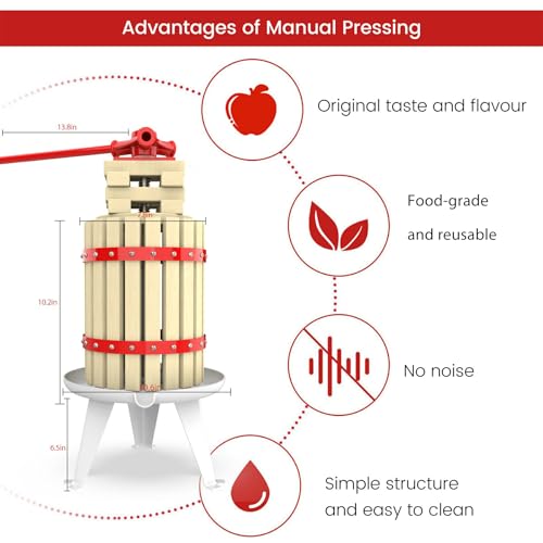 1.6 Gallon Fruit and Wine Press, Manual Cider Juice Maker with Solid Beech Wood Basket & Heavy-Duty Stand for Apples, Grapes, Berries - color: Red, size: 1.6 Gallon