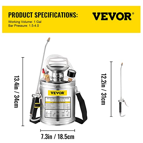 Happybuy 1 Gallon Stainless Steel Pump Sprayer, 12" Wand & 3FT Reinforced Hose, Pressure Gauge, Safety Valve & Adjustable Nozzle, Garden Weed Sprayer for Lawn, Gardening, Sanitizing | Yard Sprayer, Gardening & Sanitizing, 12" Wand & 3 FT Reinforced Hose,
