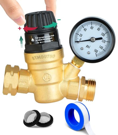 STMOUTUO RV Water Pressure Regulator Valve for Camper. Lead-Free Brass.