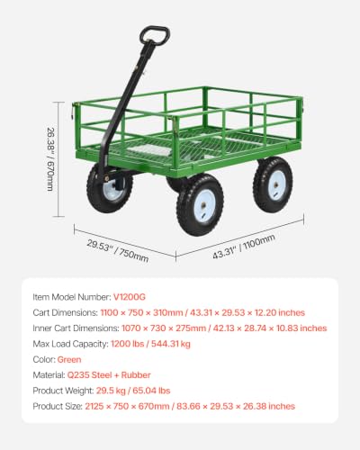 VEVOR Steel Garden Cart, 1200 lbs Heavy Duty Pullable Garden Wagon Yard Cart, 2 in 1 Outdoor Metal Utility Wagon Yard Trailer with 13" All Terrain Tires, Mesh Detachable Sides and 180° Rotating Handle - color: Black + Green