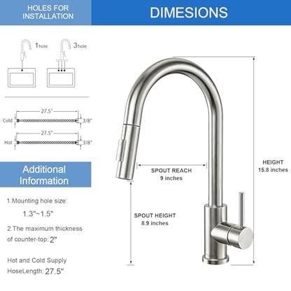 Tohlar Kitchen Sink Faucets with Pull Down Sprayer Brushed Nickel - color: Brushed Nickel, style: Standard