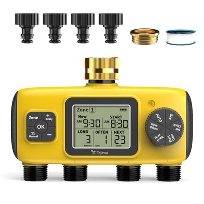 4 Zone Water Timer for Garden Hose, 4 Outlets Sprinkler Timer Kit