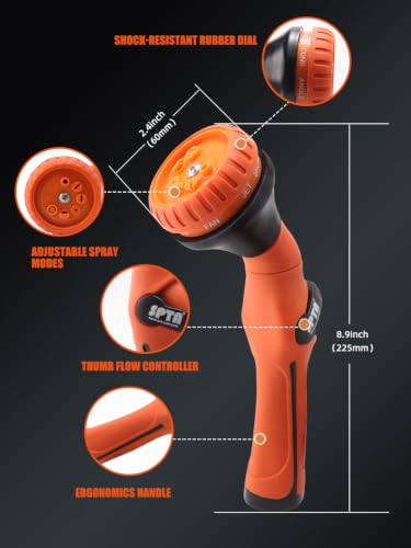 SPTA Hose Nozzle Heavy Duty, Metal Water Hose Sprayer for Garden, 8 Spray Patterns, High Pressure, Thumb Flow Control, On/Off Valve, Ideal for Outdoor Lawn & Plant Watering, Car & Pet Washing