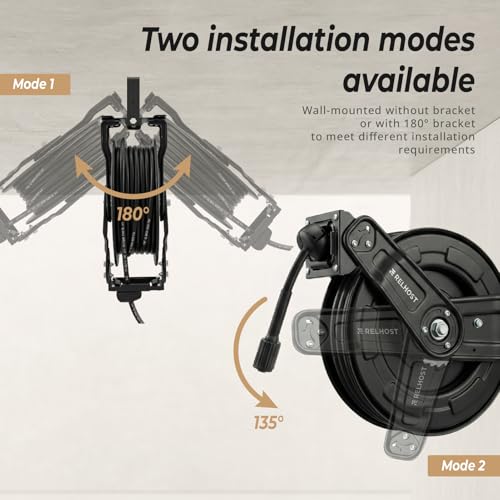 Relhost Pressure Washer Hose Reel, 65 ft x 1/4 inch Retractable Power Washer Hose Reel, Heavy Duty Steel Hose Reel with Dual Arms, Auto Rewind, 180° Swivel Ceiling