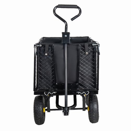 880LBS Capacity Steel Garden Dump Cart Oversized Heavy Duty, Utility Wagon All-Terrain Wheels Metal Flatbed Hauler Removable Liner Tray (Black) - color: Black