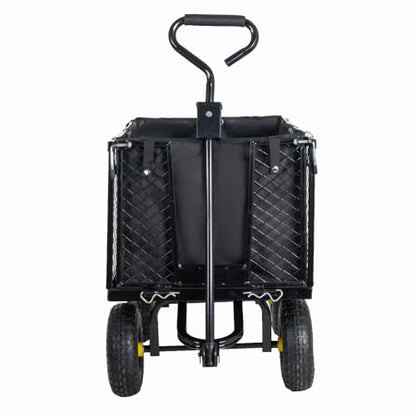 880LBS Capacity Steel Garden Dump Cart Oversized Heavy Duty, Utility Wagon All-Terrain Wheels Metal Flatbed Hauler Removable Liner Tray (Black) - color: Black