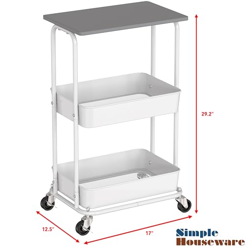 Simple Houseware 2-Tier Rolling Utility Cart Wood Top/Lockable Wheel, Gray - color: Grey