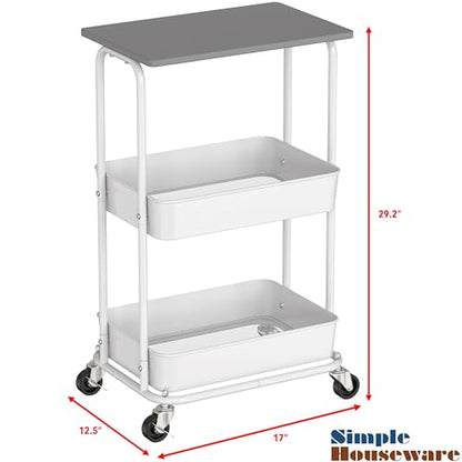 Simple Houseware 2-Tier Rolling Utility Cart Wood Top/Lockable Wheel, Gray - color: Grey