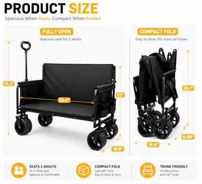 Collapsible Foldable Wagon Cart with Wheels 240L Capacity Folding Sports Wagons, 560LBS Load Large 3-in-1 Grocery Heavy Duty Carts for Sand, Beach, Camping, Fishing - color: Black